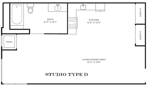 Floor plan for studio, 1 bath, 558 sqft