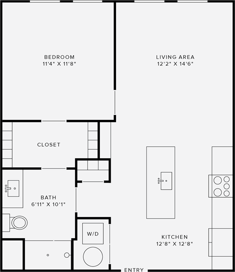 Floor plan for 1 bed, 1 bath, 651 sqft