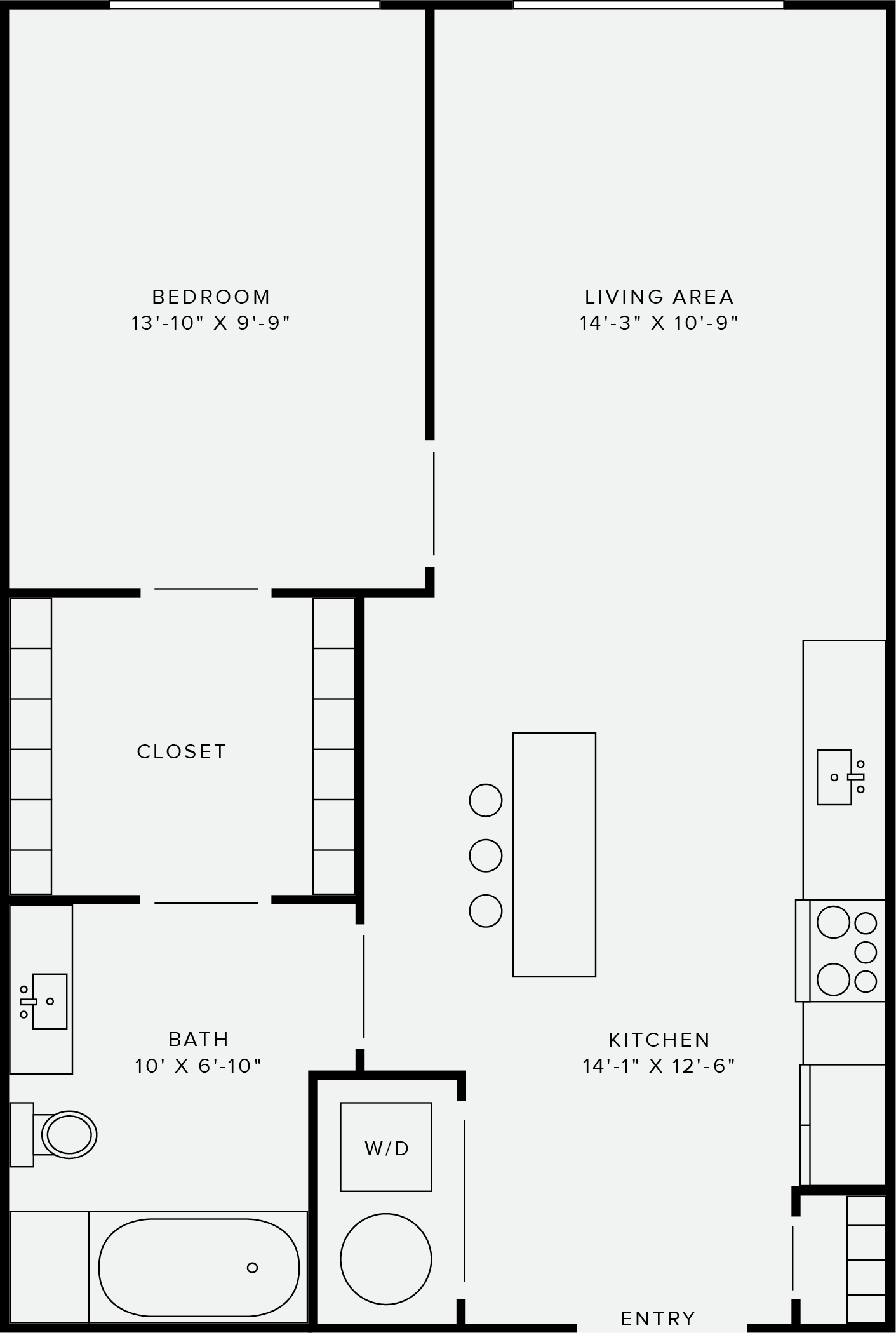Floor plan for 1 bed, 1 bath, 706 sqft