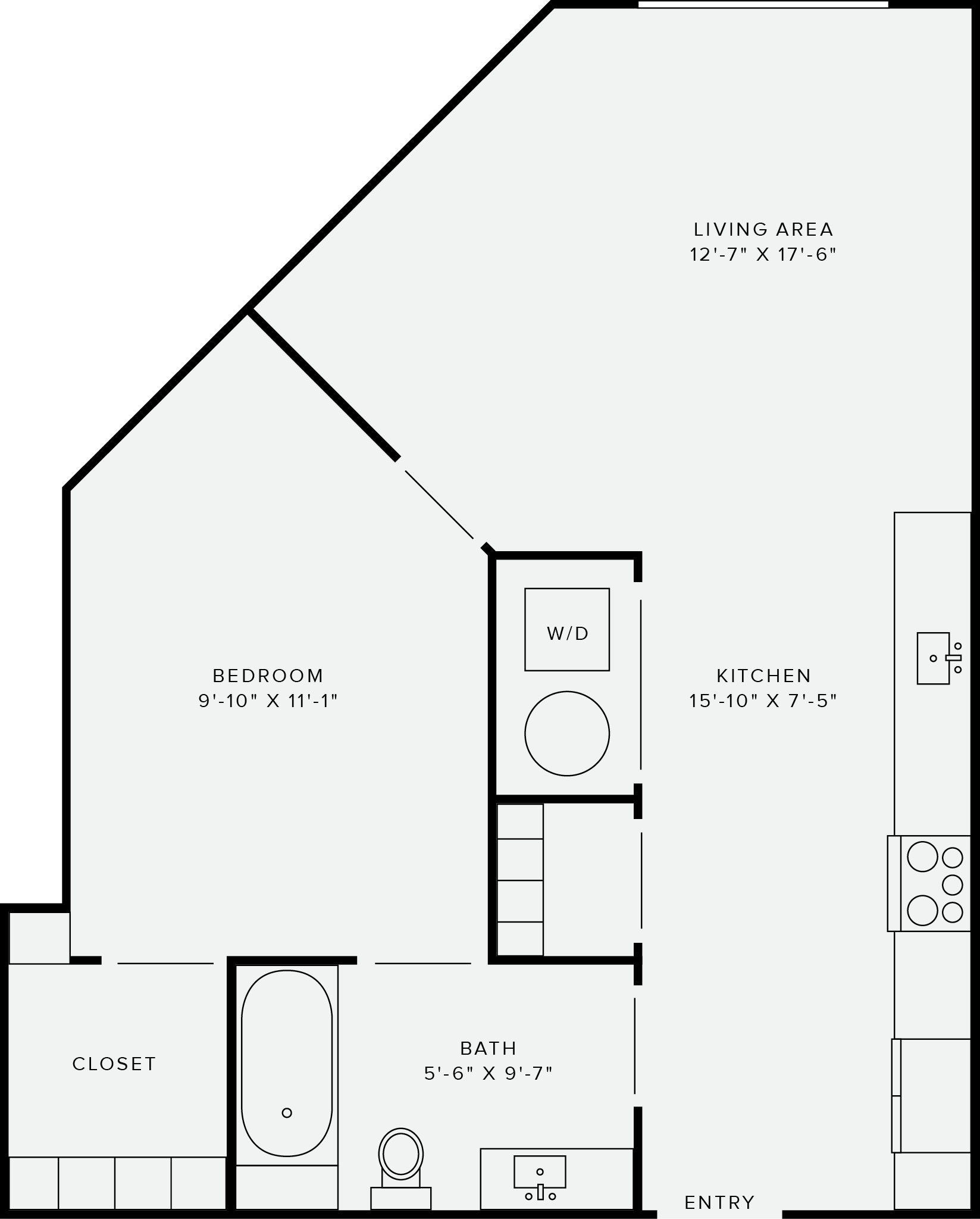 Floor plan for 1 bed, 1 bath, 604 sqft