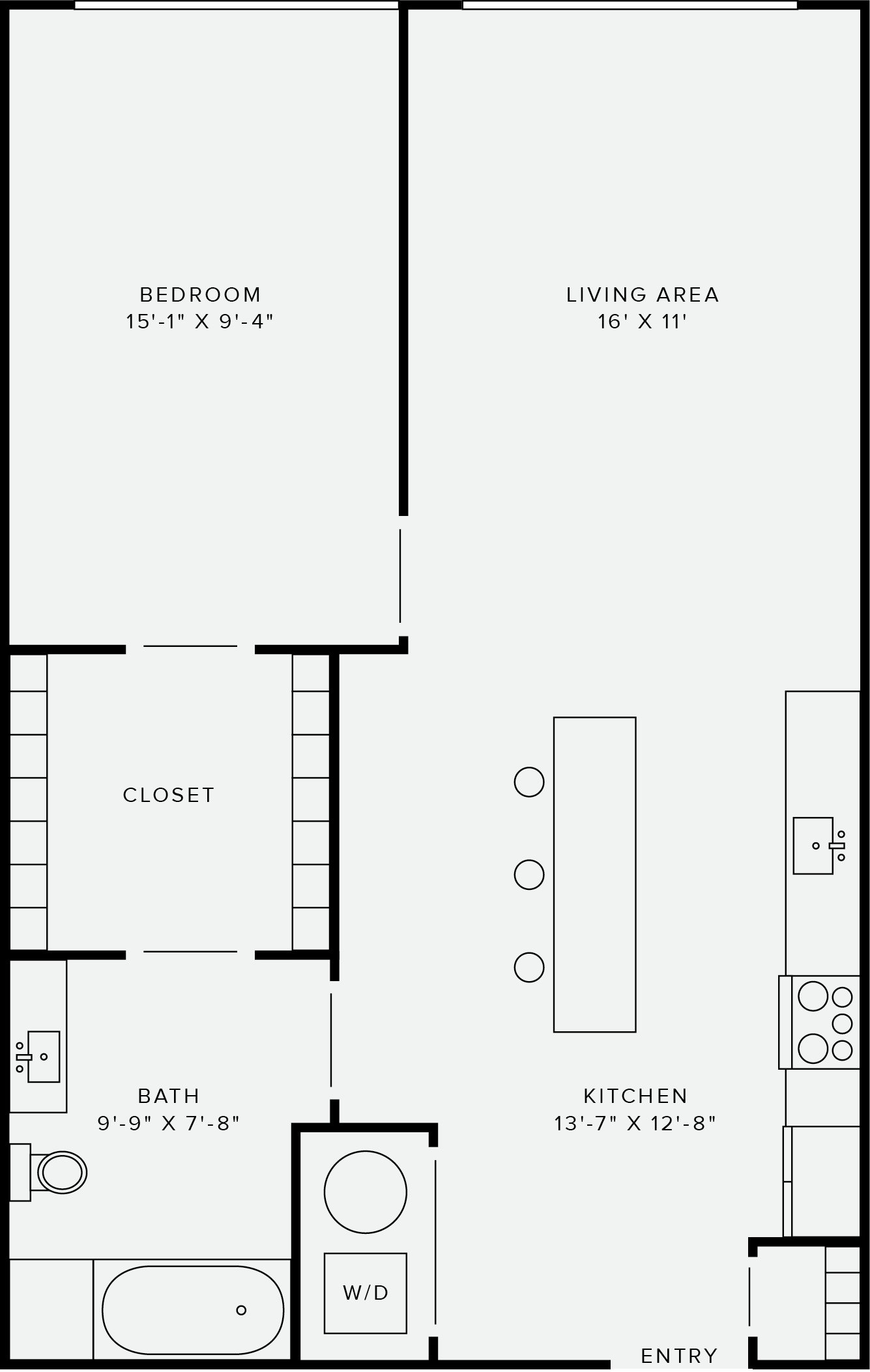 Floor plan for 1 bed, 1 bath, 734 sqft