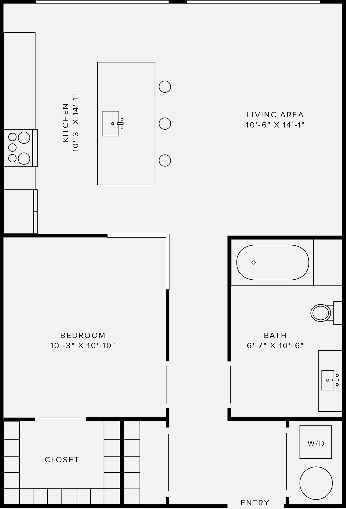 Floor plan for 1 bed, 1 bath, 691 sqft