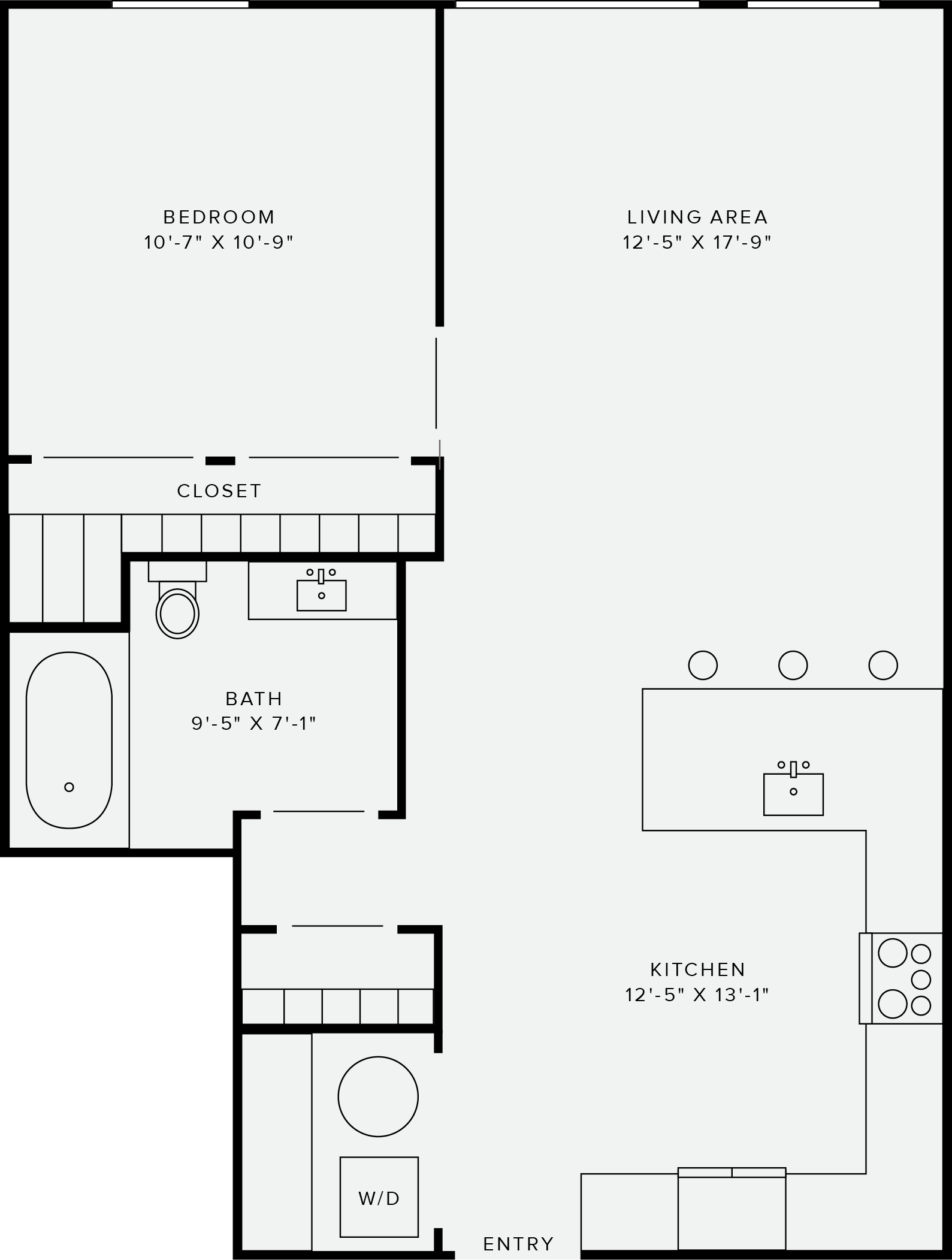 Floor plan for 1 bed, 1 bath, 705 sqft