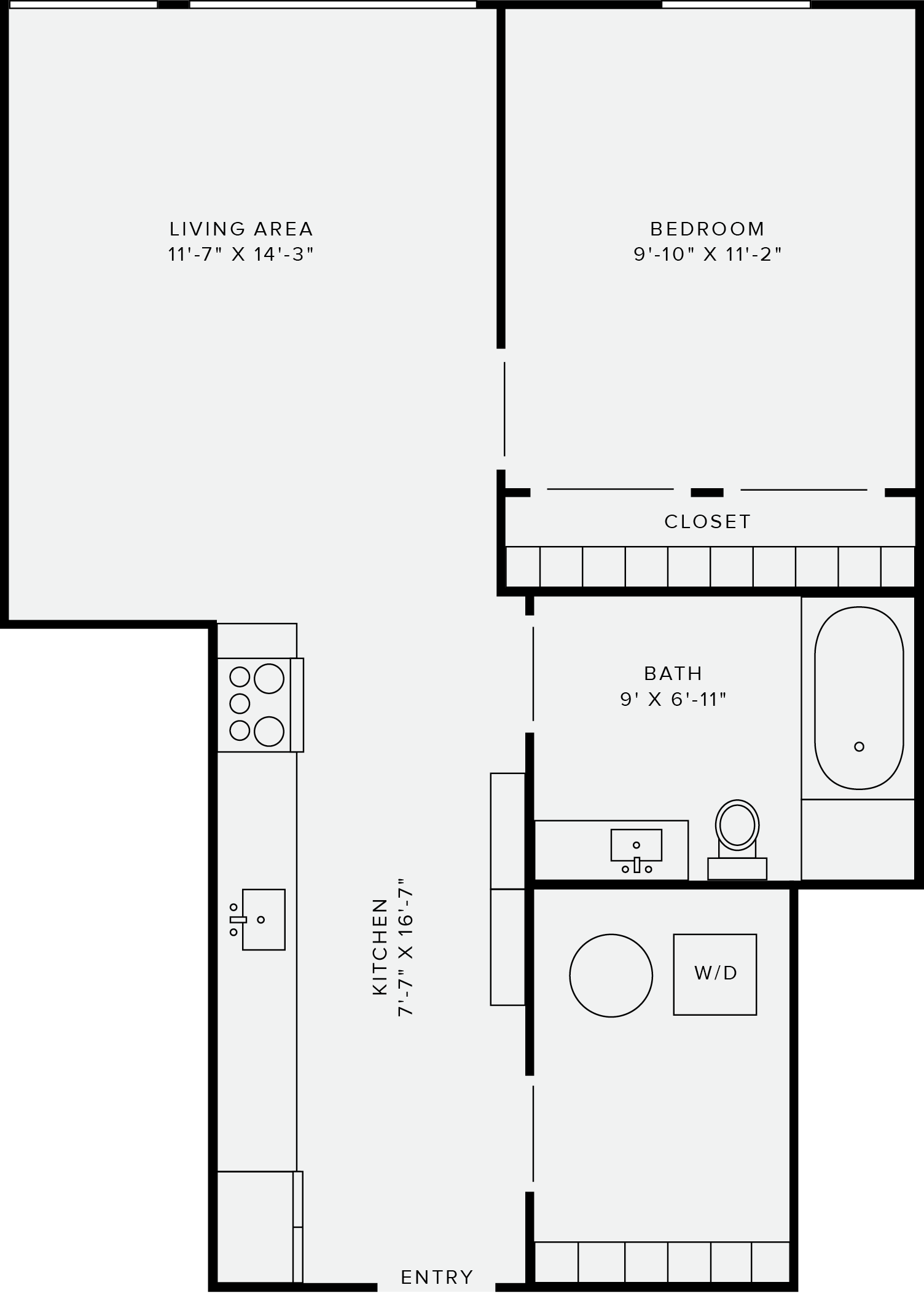 Floor plan for 1 bed, 1 bath, 640 sqft