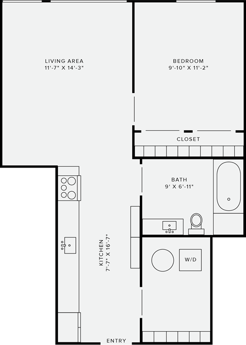 Floor plan for 1 bed, 1 bath, 640 sqft