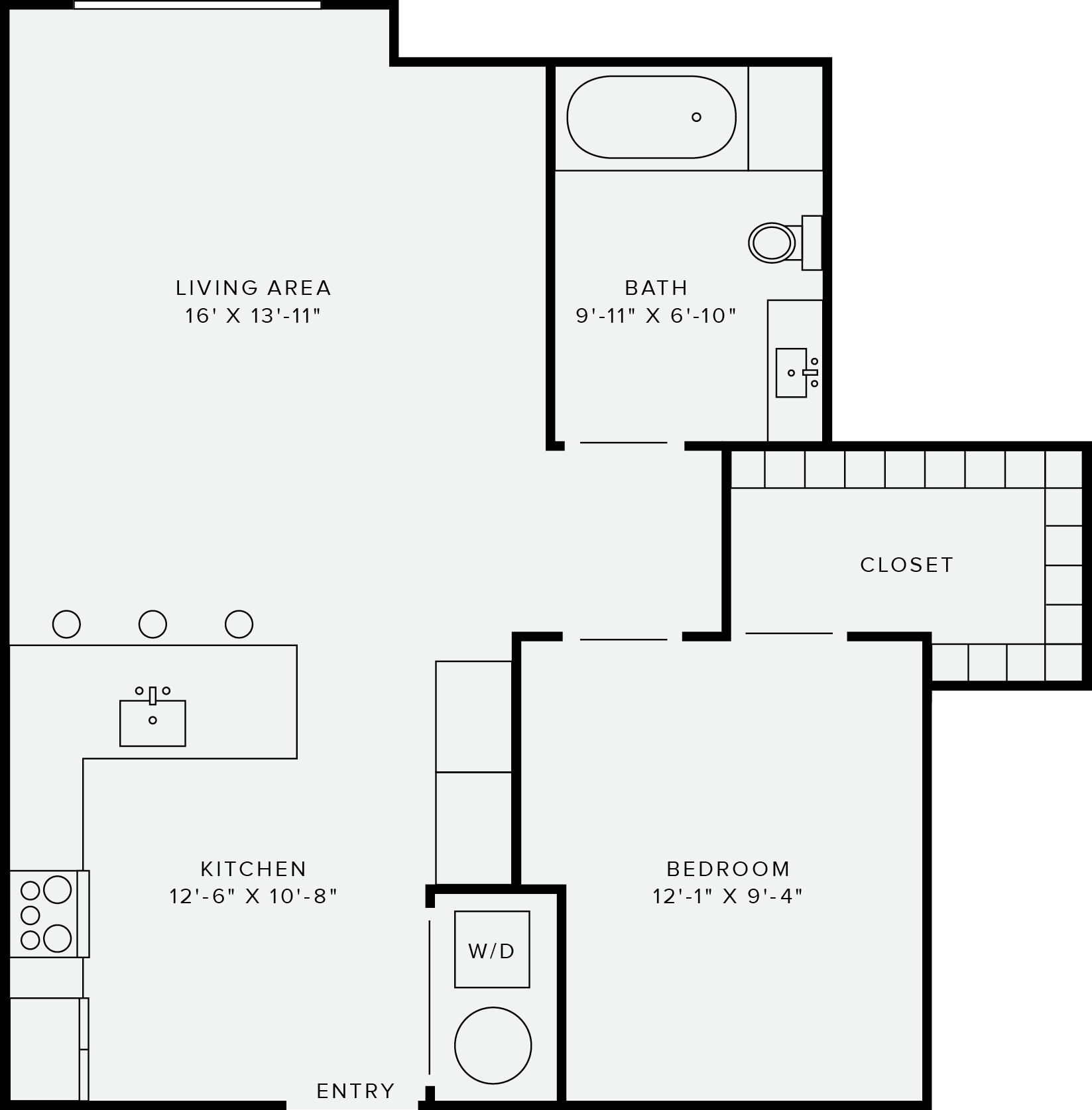 Floor plan for 1 bed, 1 bath, 703 sqft