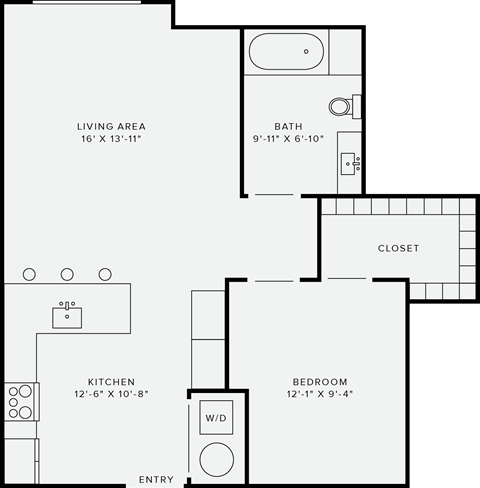 Floor plan for 1 bed, 1 bath, 703 sqft