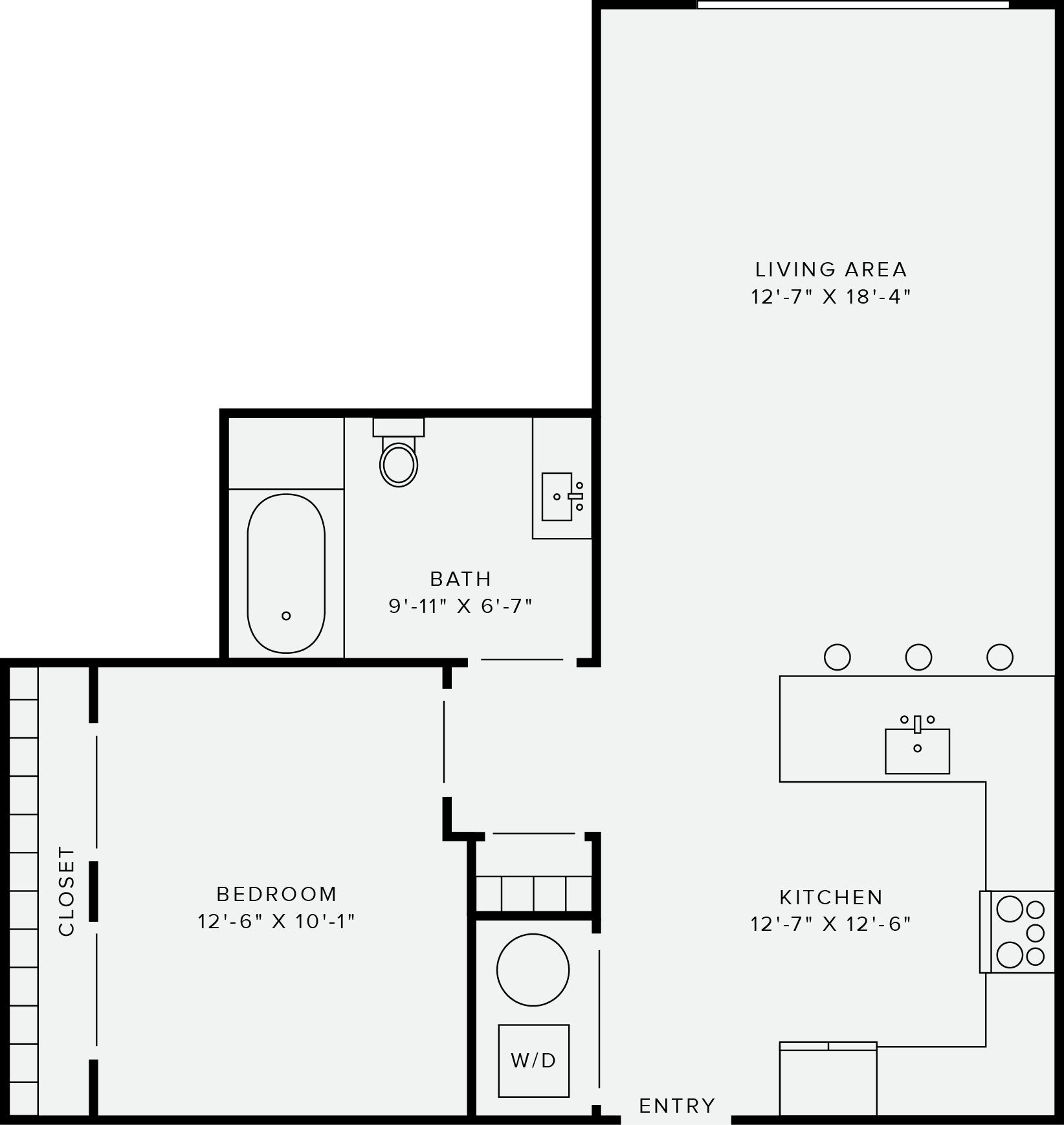 Floor plan for 1 bed, 1 bath, 728 sqft
