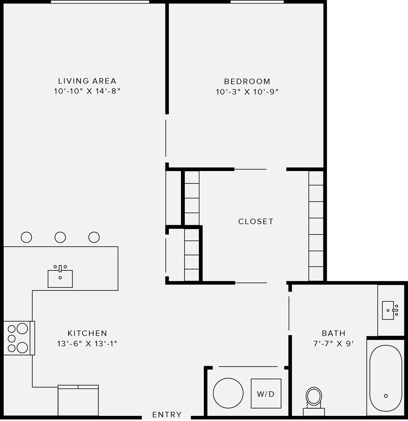 Floor plan for 1 bed, 1 bath, 690 sqft