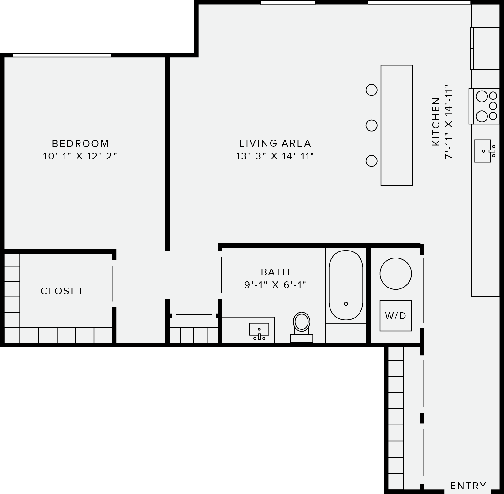 Floor plan for 1 bed, 1 bath, 746 sqft