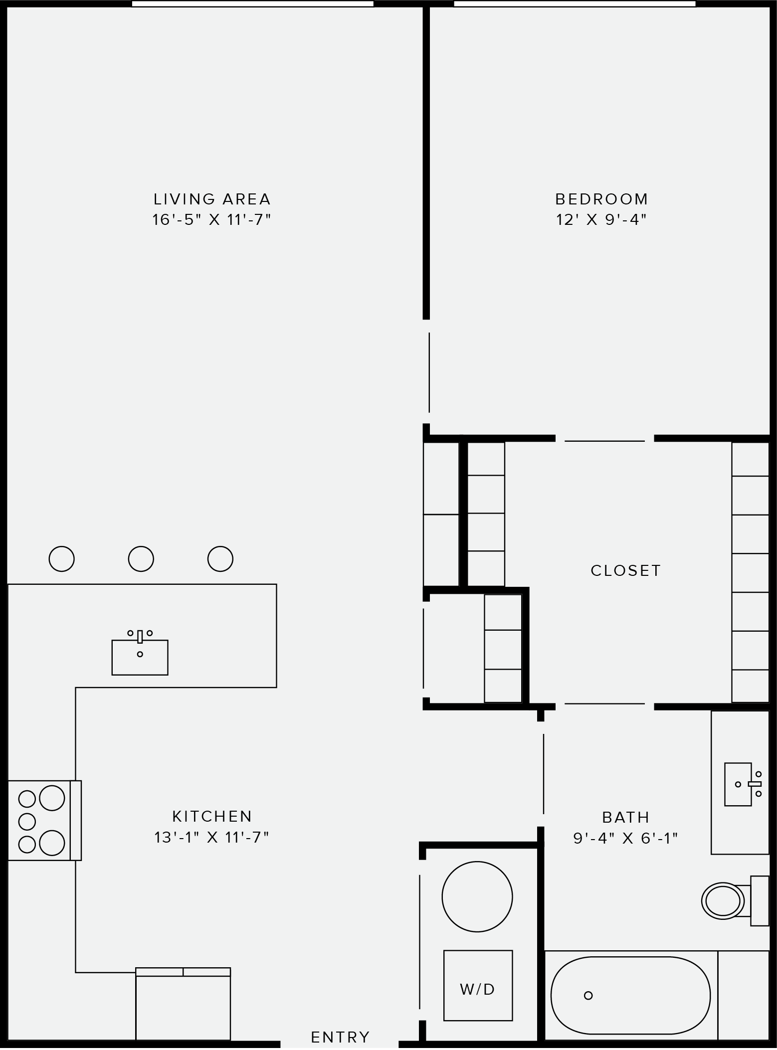 Floor plan for 1 bed, 1 bath, 685 sqft