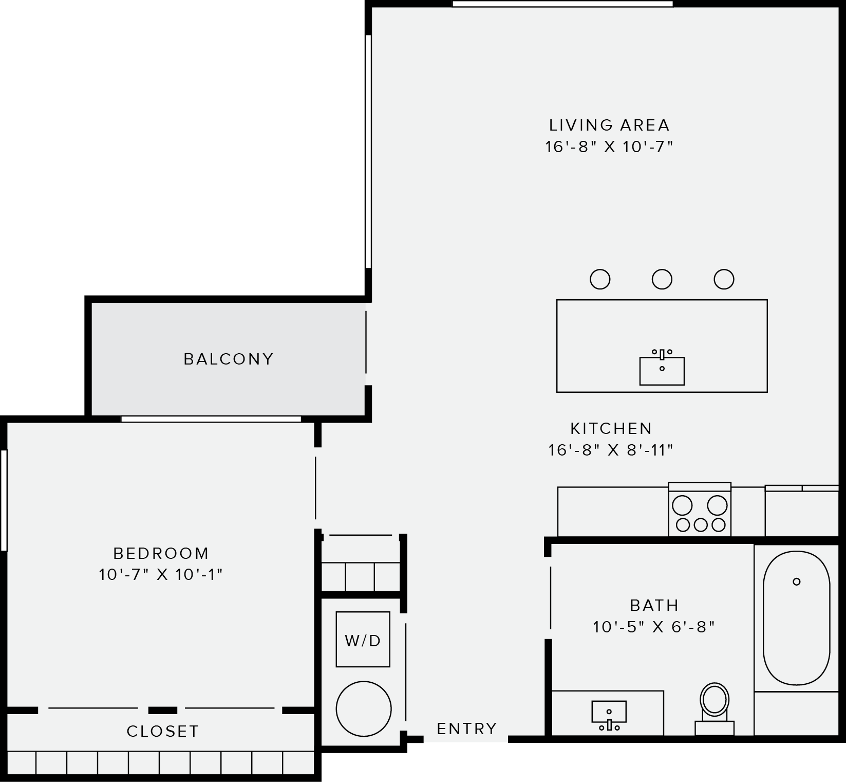 Floor plan for 1 bed, 1 bath, 679 sqft
