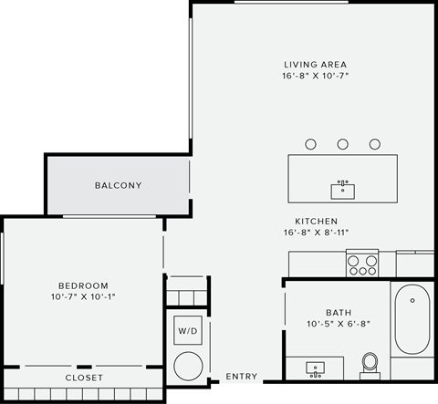 Floor plan for 1 bed, 1 bath, 679 sqft