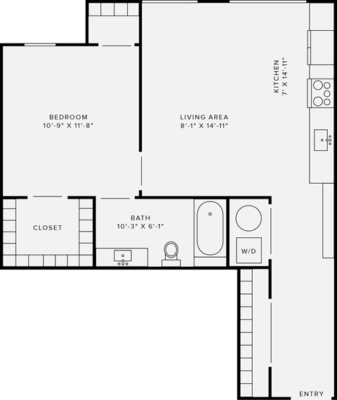 Floor plan for 1 bed, 1 bath, 617 sqft