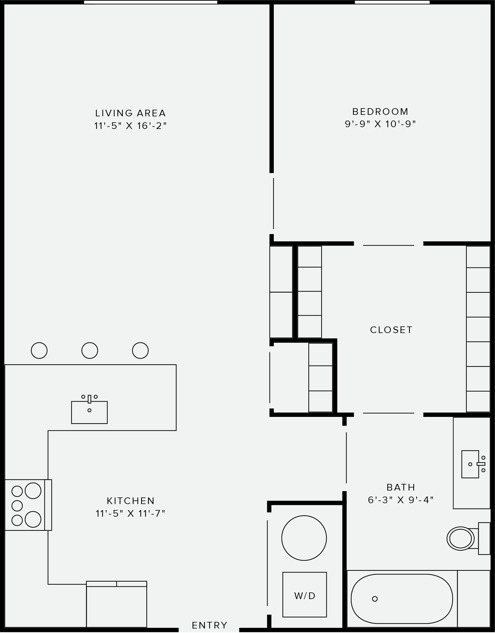 Floor plan for 1 bed, 1 bath, 650 sqft