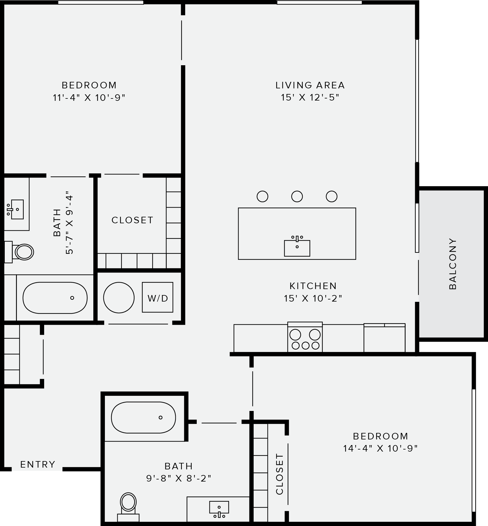 Floor plan for 2 beds, 2 baths, 1005 sqft