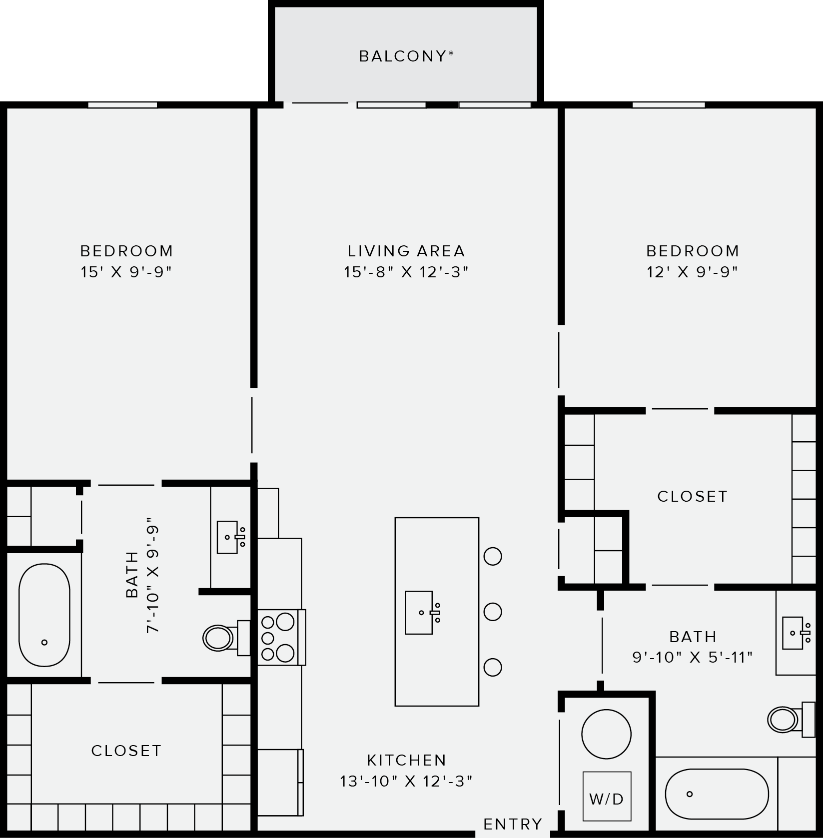 Floor plan for 2 beds, 2 baths, 1019 sqft