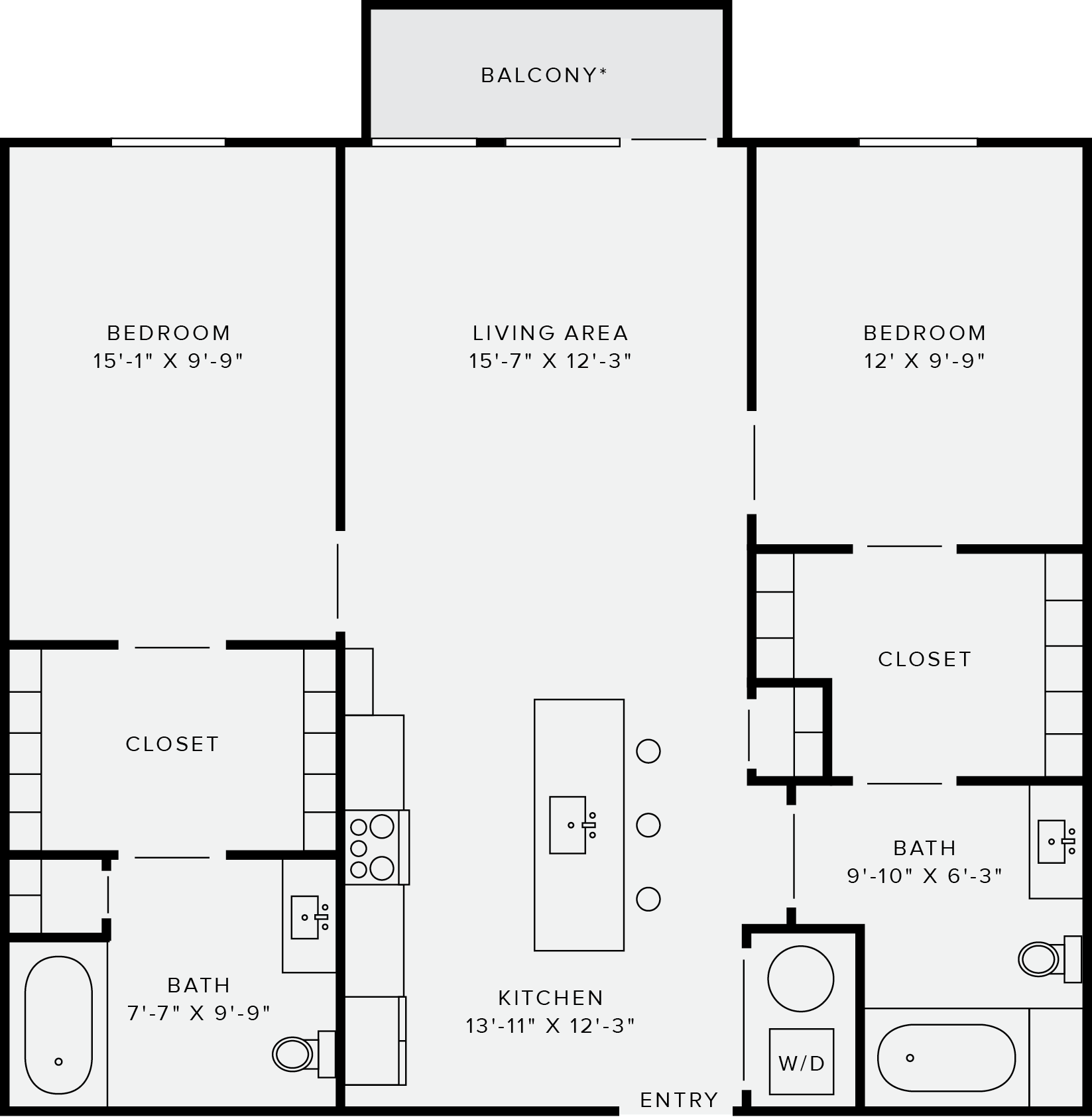 Floor plan for 2 beds, 2 baths, 1019 sqft