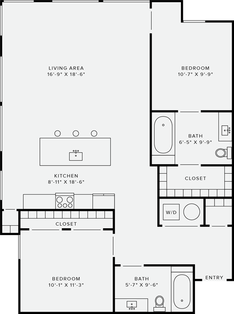 Floor plan for 2 beds, 2 baths, 1139 sqft