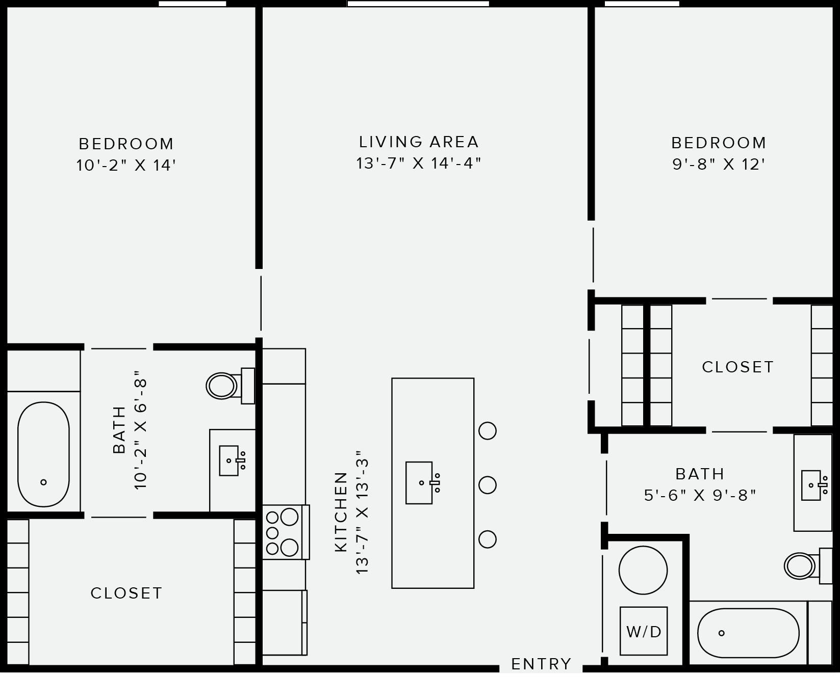 Floor plan for 2 beds, 2 baths, 1009 sqft