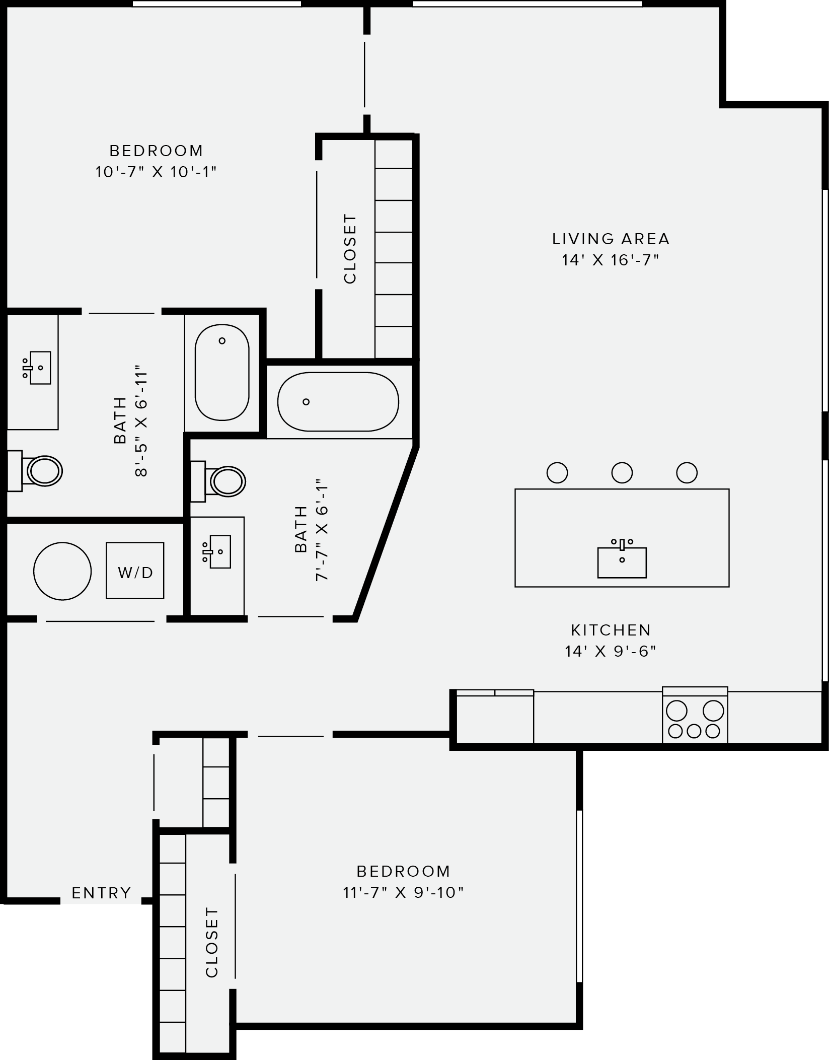 Floor plan for 2 beds, 2 baths, 1009 sqft