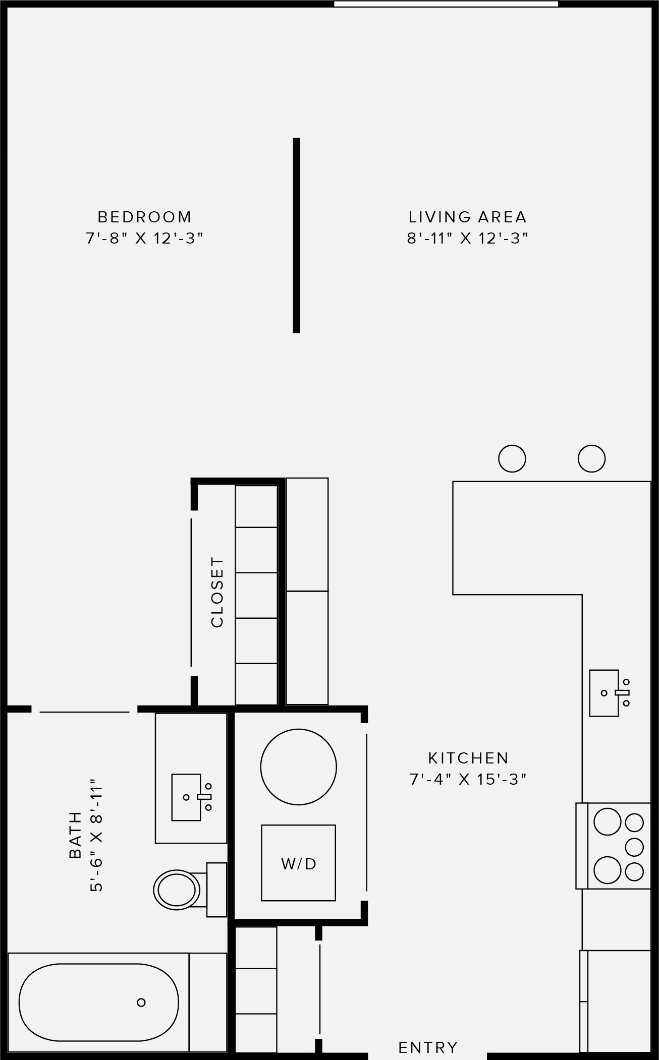 Floor plan for studio, 1 bath, 504 sqft