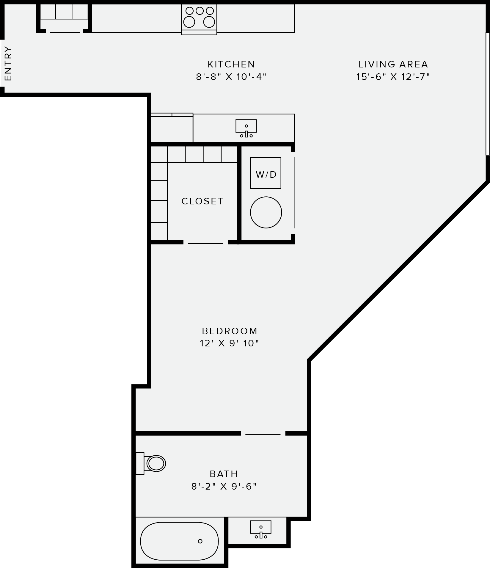 Floor plan for studio, 1 bath, 630 sqft