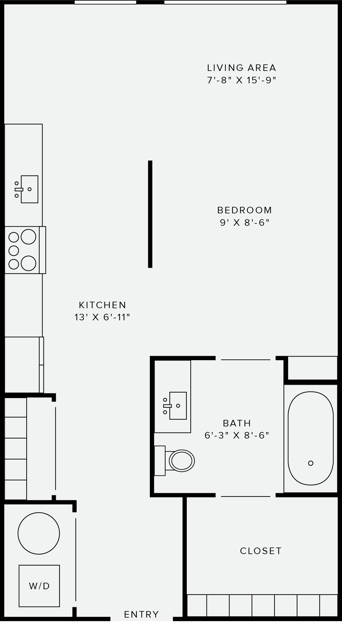 Floor plan for studio, 1 bath, 500 sqft