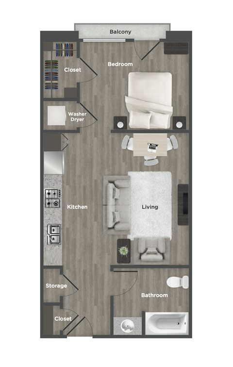 Floor plan for studio, 1 bath, 627 sqft