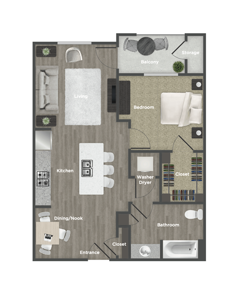 Floor plan for 1 bed, 1 bath, 734 sqft