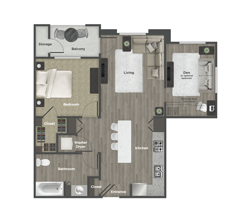 Floor plan for 1 bed, 1 bath, 860 sqft