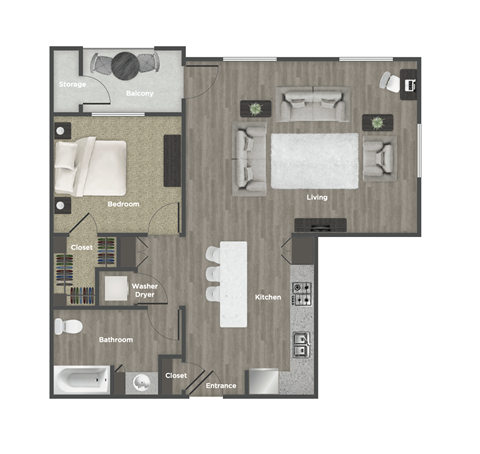 Floor plan for 1 bed, 1 bath, 874 sqft