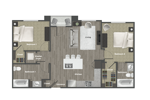 Floor plan for 2 beds, 2 baths, 957 sqft