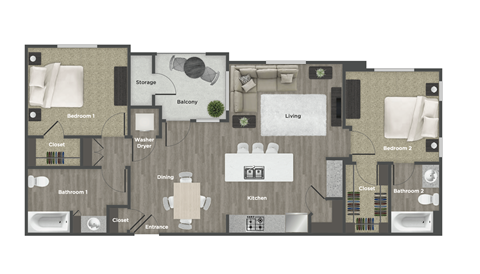 Floor plan for 2 beds, 2 baths, 1070 sqft