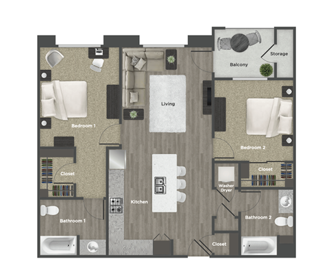 Floor plan for 2 beds, 2 baths, 1075 sqft