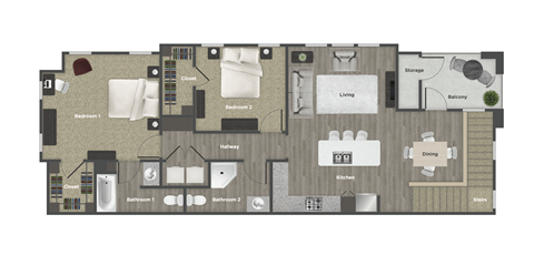 Floor plan for 2 beds, 2 baths, 1262 sqft