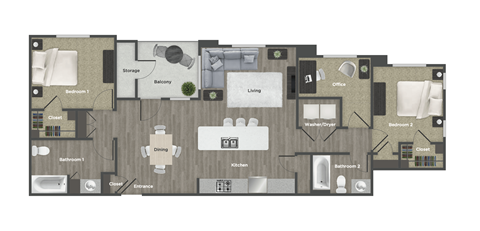 Floor plan for 2 beds, 2 baths, 1225 sqft