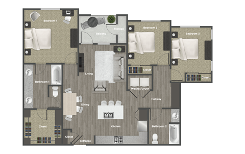 Floor plan for 3 beds, 2 baths, 1412 sqft