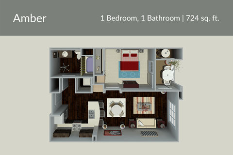 Floor plan for 1 bed, 1 bath, 724 sqft