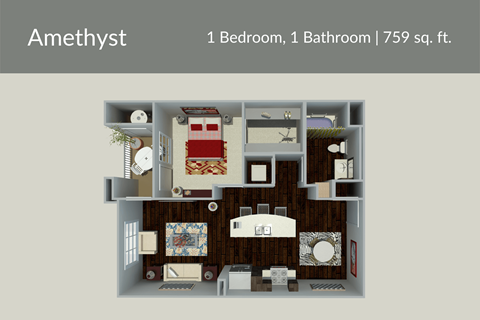 Floor plan for 1 bed, 1 bath, 759 sqft