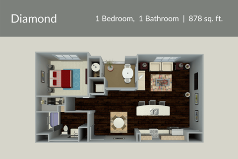 Floor plan for 1 bed, 1 bath, 878 sqft