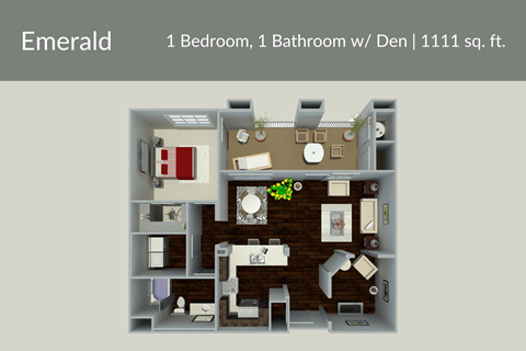 Floor plan for 1 bed, 1 bath, 1111 sqft