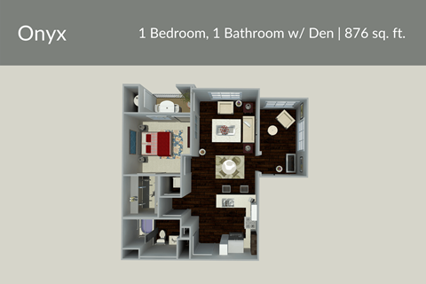 Floor plan for 1 bed, 1 bath, 876 sqft