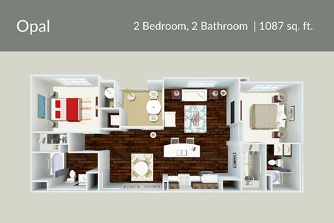 Floor plan for 2 beds, 2 baths, 1087 sqft