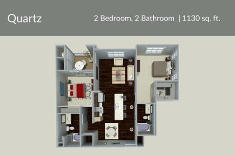 Floor plan for 2 beds, 2 baths, 1130 sqft
