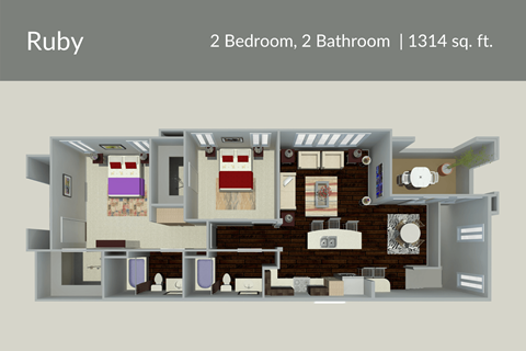 Floor plan for 2 beds, 2 baths, 1334 sqft