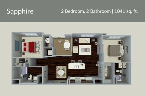 Floor plan for 2 beds, 2 baths, 1041 sqft