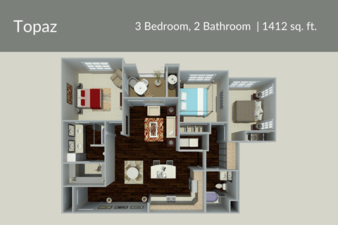 Floor plan for 3 beds, 2 baths, 1412 sqft