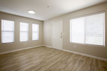 An empty bedroom with a door and three windows