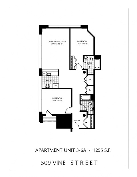 Floor plan for 2 beds, 2 baths, 1255 sqft